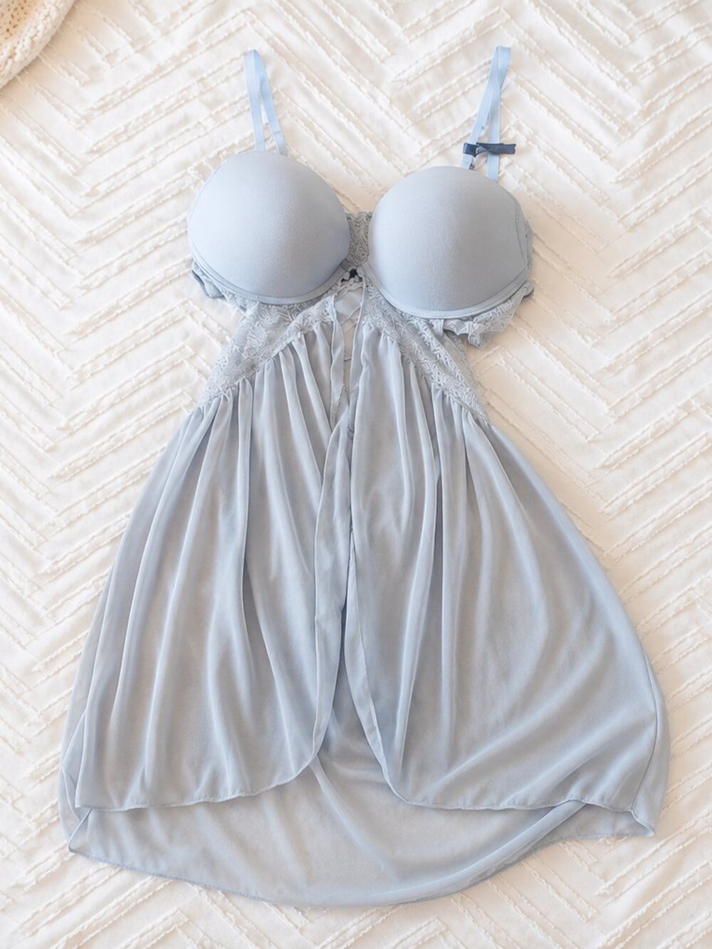 Tahari Lingerie Blue Lace Mesh Babydoll Chemise Nightgown Large NWOT Underwire